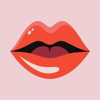 Open female mouth with red lips isolated on pink background. Trendy flat design, vector illustration