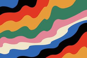 Groovy abstract pattern of wavy colorful lines as red, orange, yellow, green, blue, indigo, and black colors. Retro dynamic and vibrant texture vector