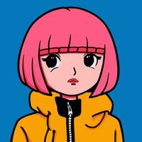 Modern anime girl with pink hair and big eyed isolated on blue background. Cartoon cute characters. Bold colors. Vector illustration