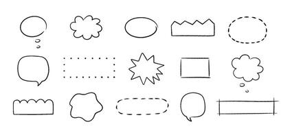 Hand drawn line speech bubble, star, cloud, liquid shape. Cute sketch design elements. Templates for chat and conversation. vector