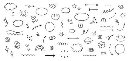 Hand drawn line simple elements, cloud, speech bubbles, underline, emphasis, star, arrow, hearts element. Doodle vector illustration.