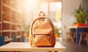 AI generated A Bright Yellow Backpack Resting on a Rustic Wooden Table photo