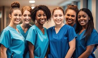 AI generated A Group of Female Healthcare Professionals Capturing a Moment in Scrubs photo