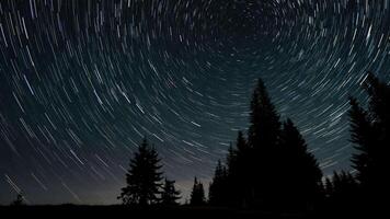 Time lapse of Star trails in the night sky. Stars move around a polar star. Silhouettes of trees 4K video