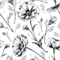 Poppy and daisy blossom in vector. Wallpaper and wrapping paper design vector