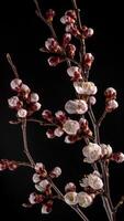 tempo periodo di il fioritura di bianca petali di un' albicocca fiore su nero sfondo. primavera tempo periodo di apertura bellissimo fiori su rami albicocca albero. macro sparo, verticale filmato. video