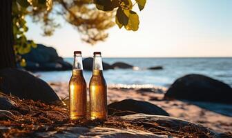 ai generado dos refrescante botellas de cerveza disfrutando un soleado día a el playa foto