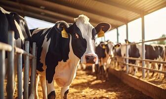 AI generated A Serene Scene in the Barnyard Cows Grazing and Mingling in Rustic Surroundings photo