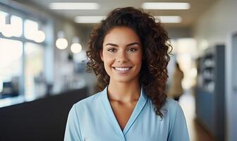 ai generado un alegre mujer en un vibrante azul camisa radiante felicidad foto