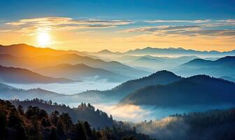 AI generated A Majestic Sunset Casting a Golden Glow Over the Majestic Mountain Range photo