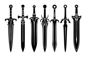 Set of fantasy swords icons. Medieval swords and futuristic weapons for game interface. Cartoon set of fantasy metal longswords. Vector illustration