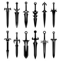 Set of fantasy swords icons. Medieval swords and futuristic weapons for game interface. Cartoon set of fantasy metal longswords. Vector illustration