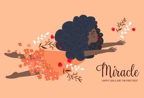 the vector with the beautiful isolated black girl with dark long hair with flowers