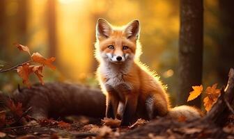 ai generado un majestuoso rojo zorro observando sus alrededores en el encantador bosque foto