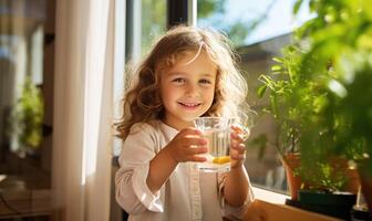 AI generated Little Girl Quenching Her Thirst With a Refreshing Beverage photo