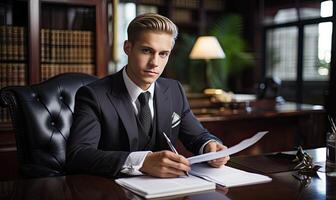 AI generated A Focused Businessman at His Desk, Engrossed in Writing on Paper photo