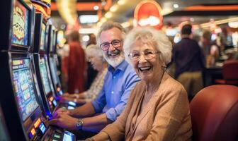 ai generado mayor Pareja disfrutando un vibrante casino experiencia foto