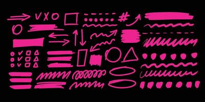 Hand-drawn neon marker highlighters, underline, lines, round, arrows, punctuation marks, tick marks and sketch. vector