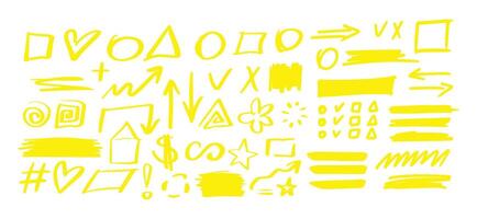 Hand-drawn shapes and lines - real highlighters. Yellow Vector set isolated on white background. Use for note, illustrations and decorations texts, articles