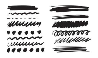 Brush drawn strikethrough vector elements. Set of grunge brush lines and strokes. Underline black graphic elements. Black ink doodle lines collection.