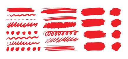 Hand-drawn shapes and lines - real highlighters. Red Vector set isolated on white background