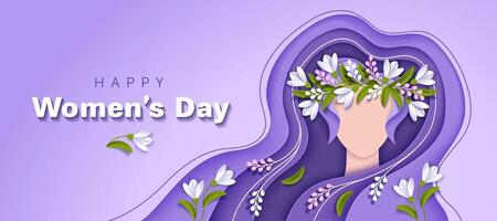 Creative Womens day Paper cut Background in a purple colors. 8 march greeting card with a Woman face, flowing Hair, wreath, flowers and leaves. Vector illustration.