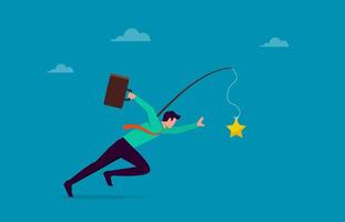 Ambitious businessman running with carrot stick trying to grab star prize award, motivation to success, incentive or reward to motivate employee, chasing for reward symbol vector