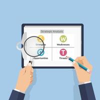 A manager hands holding pencil and magnifier with SWOT analysis strategy diagram. Identifying strength, weakness, opportunity and threat of a business organization vector