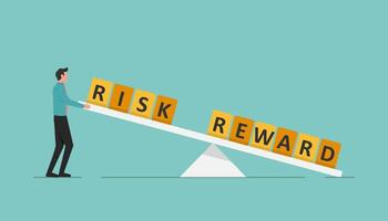 Risk vs reward balance on the seesaw scale, businessman lifts up risk higher than reward words, improving reward and risk ratio in business, reward greater than risk concept vector