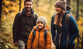 ai generado un sereno familia paseo mediante de la naturaleza mundo maravilloso foto