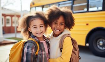 ai generado dos emocionado muchachas Listo para su colegio autobús aventuras foto