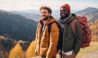 AI generated Men Standing Together on Majestic Mountain Summit photo