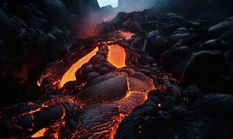 ai generado un ardiente río fluido mediante el majestuoso montaña rango foto