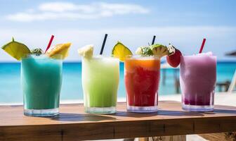 AI generated A Vibrant Display of Colorful Drinks on a Rustic Wooden Table photo