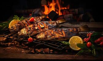 ai generado A la parrilla pescado con agrios y tomate acentos foto