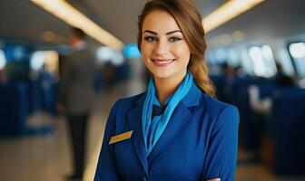 AI generated A Confident Woman in a Vibrant Blue Suit Exuding Joy and Positivity photo