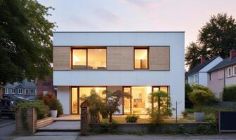 ai generado un sereno residencia con expansivo ventanas y un brillante, aireado ambiente foto