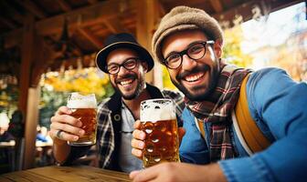ai generado dos contento hombres salud con cervezas, celebrando amistad y disfrutando un bebida foto