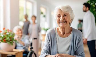 AI generated Elderly Woman in Wheelchair Enjoying a Serene Moment in Cozy Living Room photo