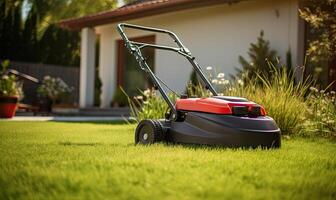 AI generated A Serene Landscape The Majestic Lawn Mower Amidst the Vibrant, Verdant Meadow photo