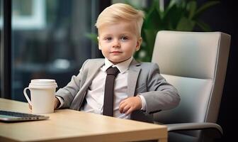 ai generado un curioso niño a su estudiar escritorio, explorador el mundo con un calentar bebida foto