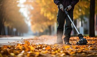 AI generated A Man Clearing Leaves with a Powerful Leaf Blower photo