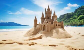 ai generado un majestuoso arena castillo en un sereno arenoso playa foto
