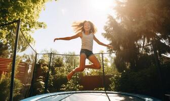 AI generated Girl in Mid-Air on a Sunlit Trampoline photo