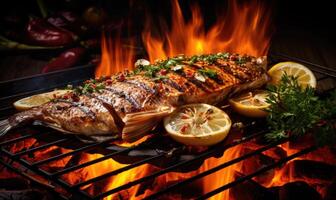 AI generated A Sizzling Fish on the Grill Flames Dancing Around the Freshly Cooked Catch photo