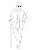 elderly man with a cane line art vector