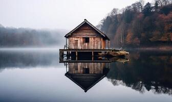 ai generado un acogedor orilla del lago retirada rodeado por de la naturaleza serenidad foto