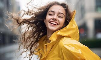 AI generated Woman in a Vibrant Yellow Raincoat Smiling Under the Rain photo