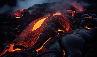 ai generado un fascinante resplandor de iluminado fundido lava en el noche foto