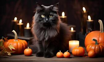 ai generado un místico Víspera de Todos los Santos escena con un negro gato, calabazas, y escalofriante velas foto